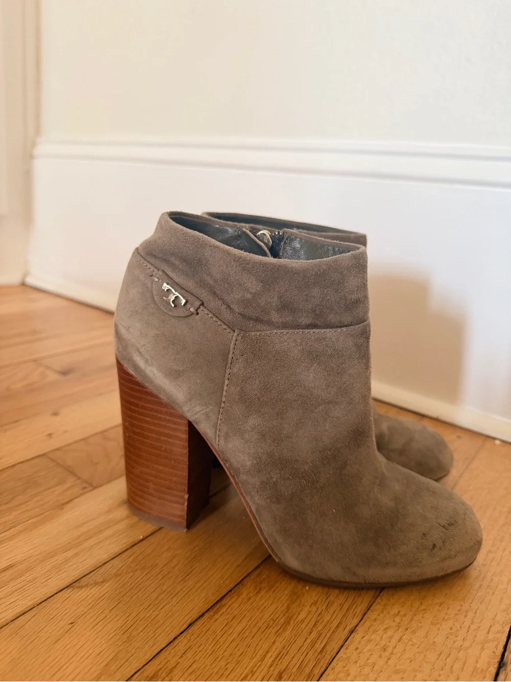 Tory Burch Taupe Suede Stacked Heel Ankle Booties